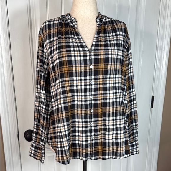 LOFT Black and Tan Plaid Button-Down Shirt Sz XL - Picture 1 of 10
